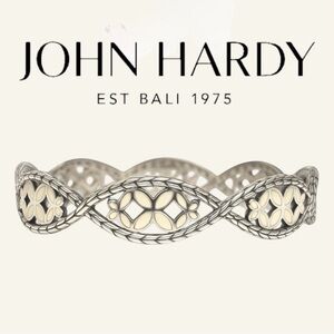 John Hardy Kawung Silver & Cream Enamel Woven Marquise Bangle Fits 7.25–7.75”